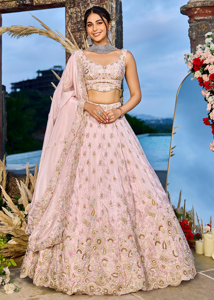 Buy Now Tissue Fabric Pink Color Wedding Reception Lehenga Choli Online in US, UK, Canada, France, Italy, Germany, Sweden, Greece, UAE & Worldwide at Empress.