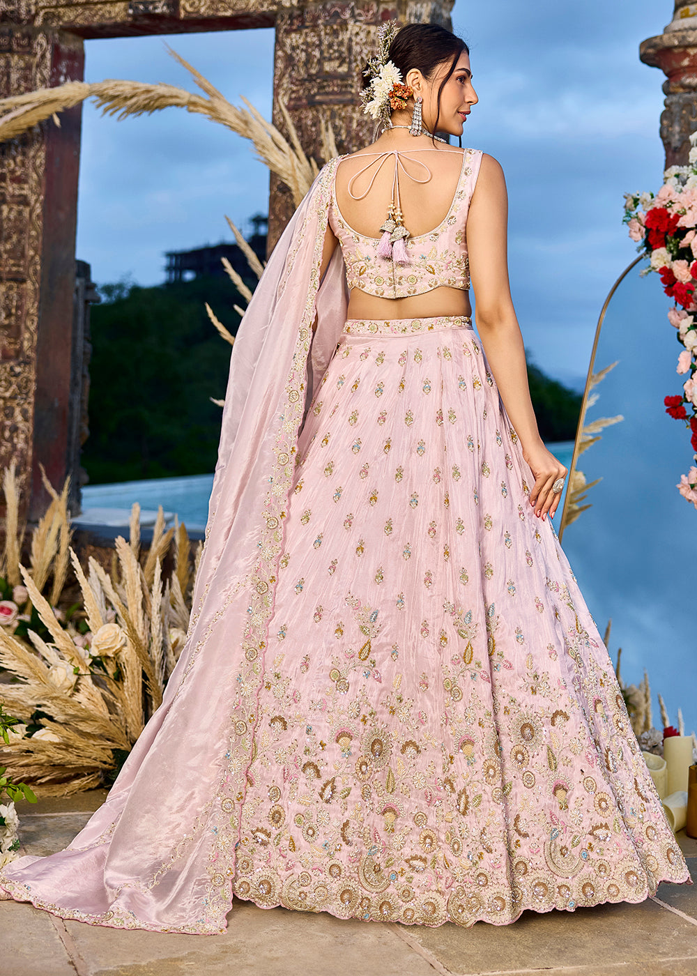 Buy Now Tissue Fabric Pink Color Wedding Reception Lehenga Choli Online in US, UK, Canada, France, Italy, Germany, Sweden, Greece, UAE & Worldwide at Empress.