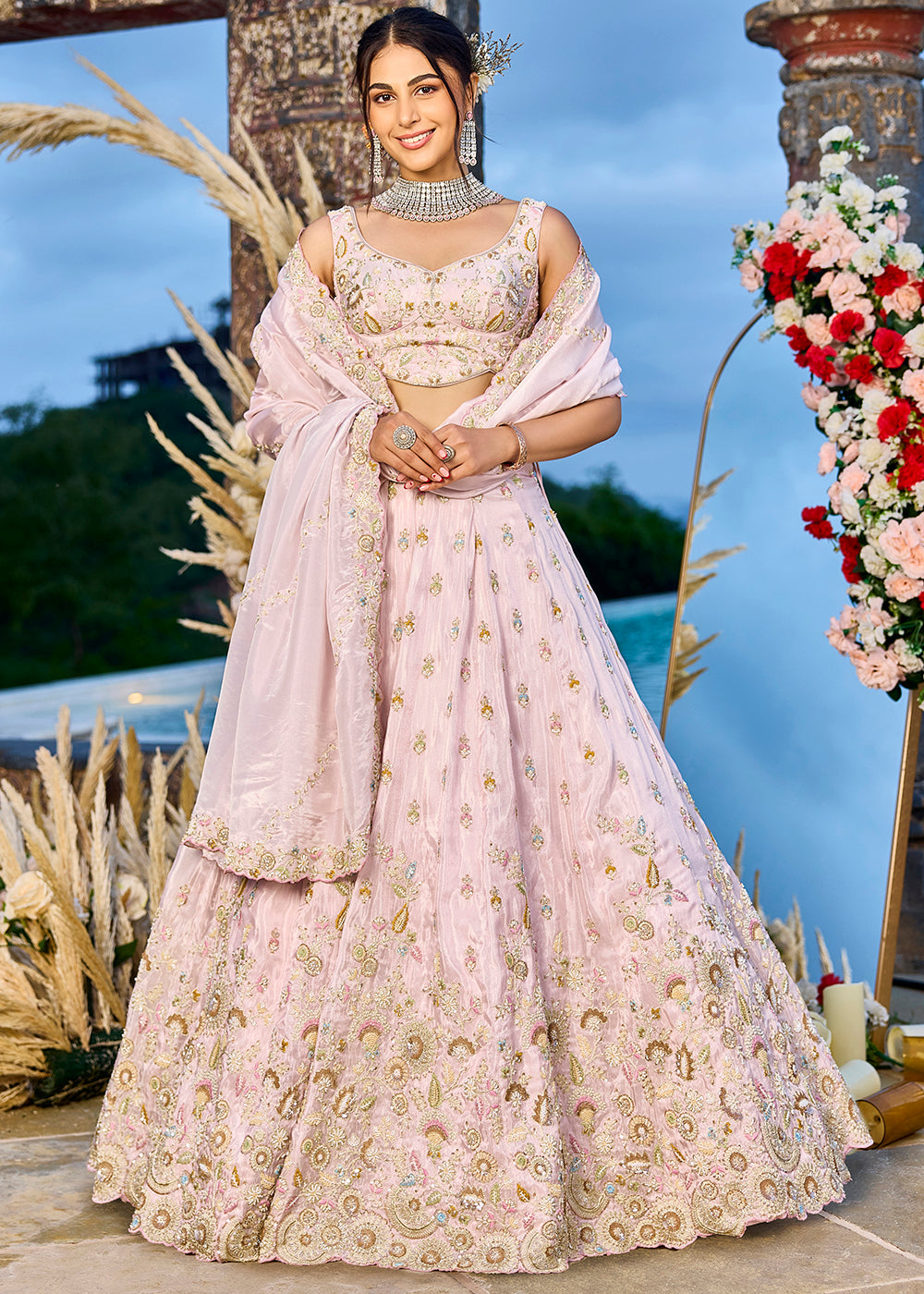 Buy Now Tissue Fabric Pink Color Wedding Reception Lehenga Choli Online in US, UK, Canada, France, Italy, Germany, Sweden, Greece, UAE & Worldwide at Empress.