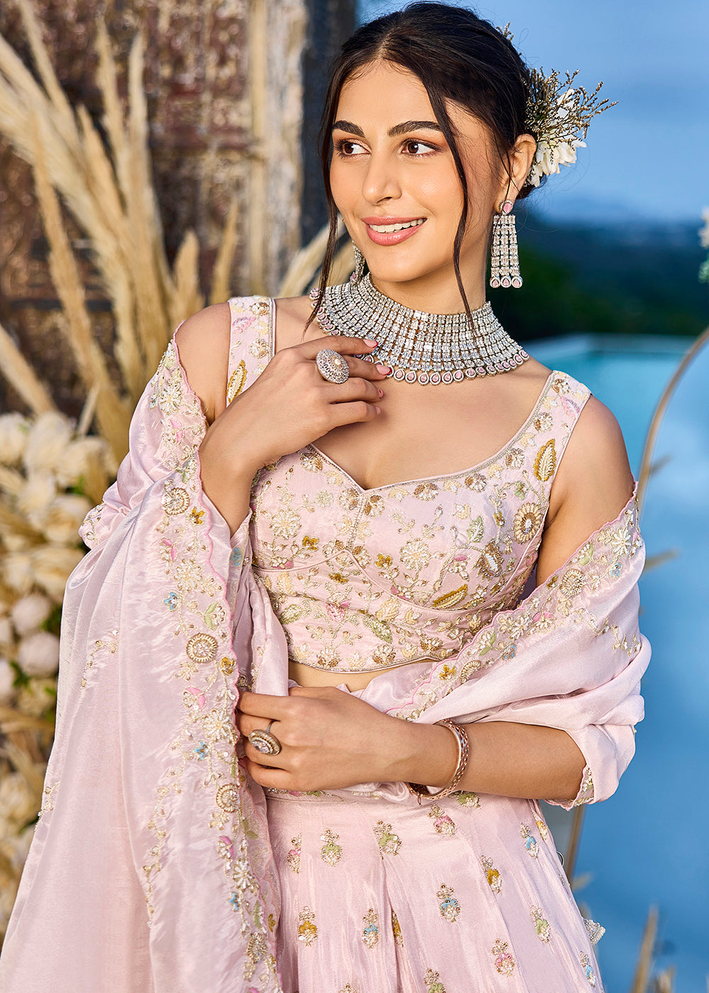 Buy Now Tissue Fabric Pink Color Wedding Reception Lehenga Choli Online in US, UK, Canada, France, Italy, Germany, Sweden, Greece, UAE & Worldwide at Empress.