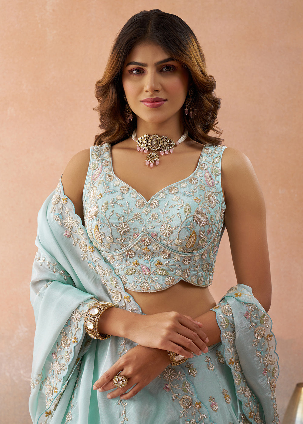 Buy Now Sky Blue Beads & Sequins Wedding Lehenga Choli Online in US, UK, Canada, France, Italy, Germany, Sweden, Denmark, UAE, Greece & Worldwide at Empress.