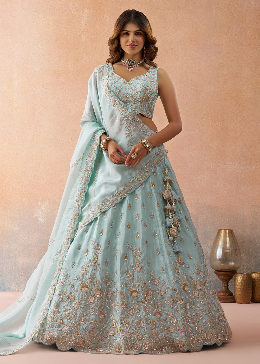 Buy Now Sky Blue Beads & Sequins Wedding Lehenga Choli Online in US, UK, Canada, France, Italy, Germany, Sweden, Denmark, UAE, Greece & Worldwide at Empress.