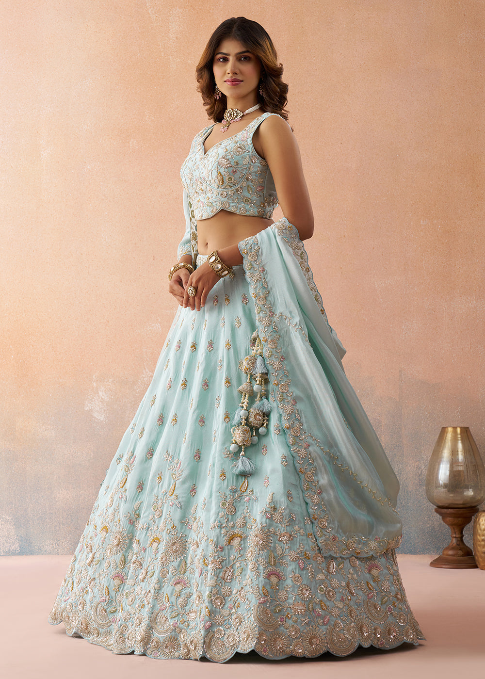 Buy Now Sky Blue Beads & Sequins Wedding Lehenga Choli Online in US, UK, Canada, France, Italy, Germany, Sweden, Denmark, UAE, Greece & Worldwide at Empress.