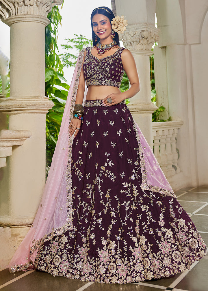 Buy Now Trendy Burgundy Embroidered Organza Wedding Lehenga Choli Online in US, UK, Canada, France, Italy, Germany, Austria, UAE & Worldwide at Empress Clothing.