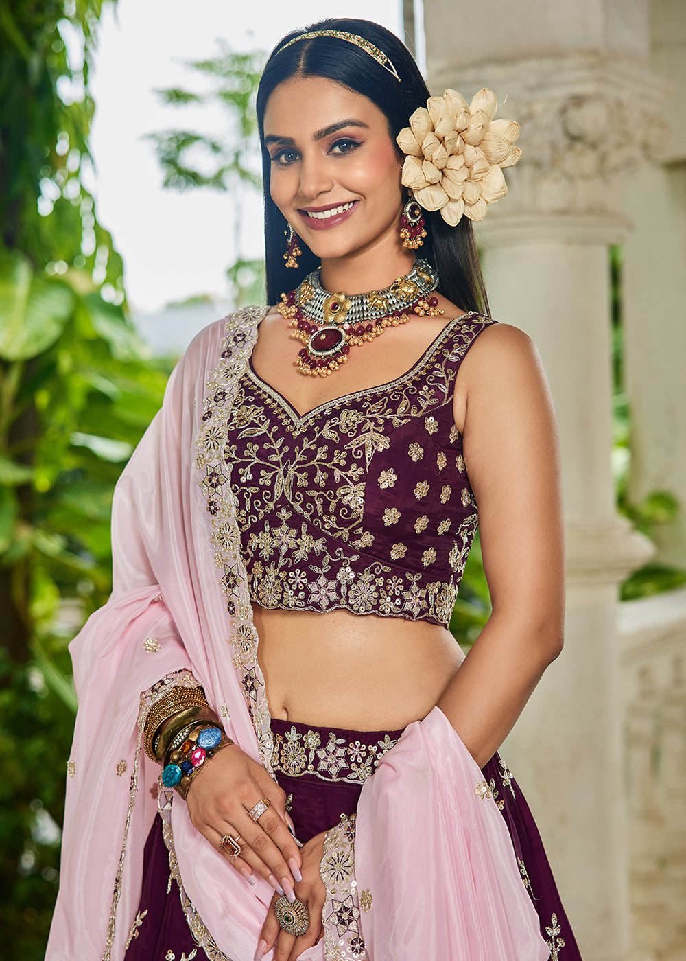 Buy Now Trendy Burgundy Embroidered Organza Wedding Lehenga Choli Online in US, UK, Canada, France, Italy, Germany, Austria, UAE & Worldwide at Empress Clothing.