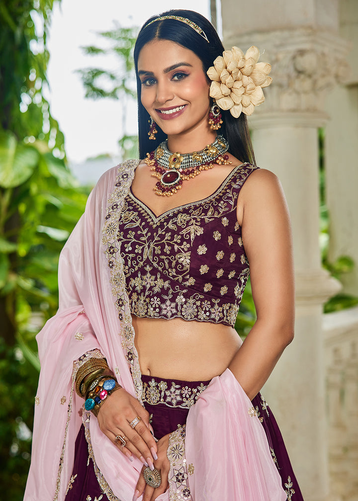 Buy Now Trendy Burgundy Embroidered Organza Wedding Lehenga Choli Online in US, UK, Canada, France, Italy, Germany, Austria, UAE & Worldwide at Empress Clothing.