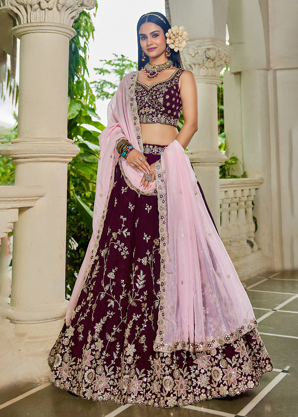 Buy Now Trendy Burgundy Embroidered Organza Wedding Lehenga Choli Online in US, UK, Canada, France, Italy, Germany, Austria, UAE & Worldwide at Empress Clothing.