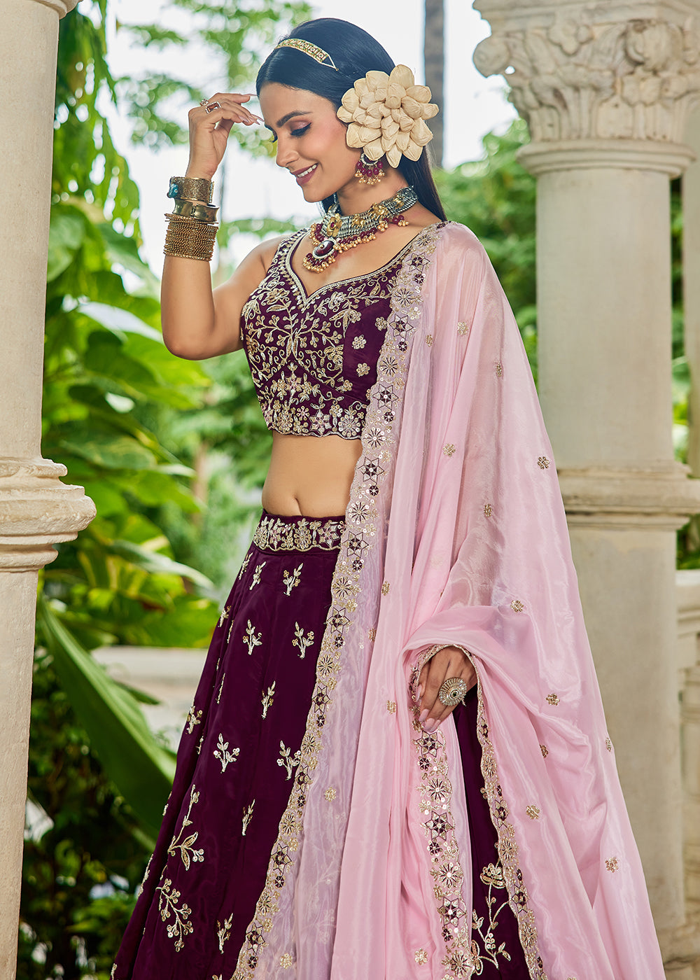 Buy Now Trendy Burgundy Embroidered Organza Wedding Lehenga Choli Online in US, UK, Canada, France, Italy, Germany, Austria, UAE & Worldwide at Empress Clothing.