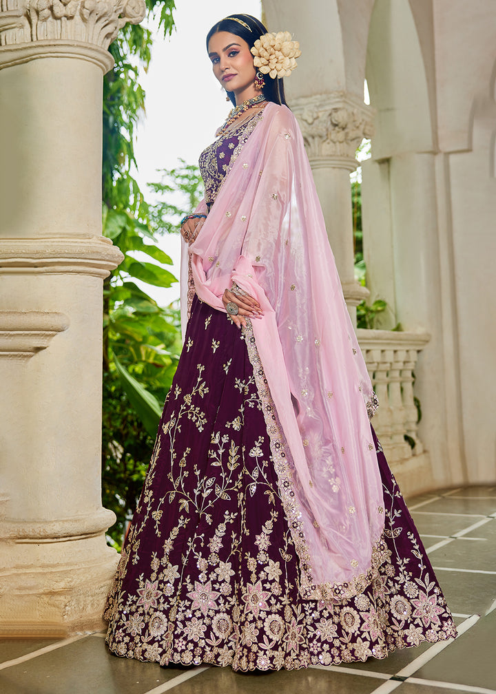 Buy Now Trendy Burgundy Embroidered Organza Wedding Lehenga Choli Online in US, UK, Canada, France, Italy, Germany, Austria, UAE & Worldwide at Empress Clothing.