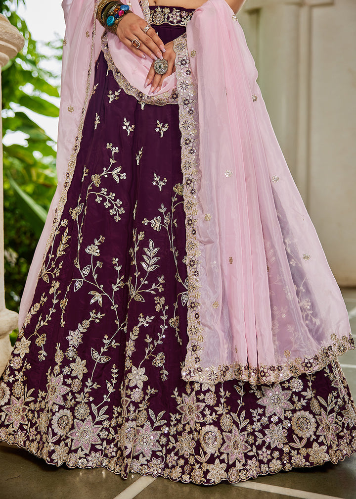 Buy Now Trendy Burgundy Embroidered Organza Wedding Lehenga Choli Online in US, UK, Canada, France, Italy, Germany, Austria, UAE & Worldwide at Empress Clothing.