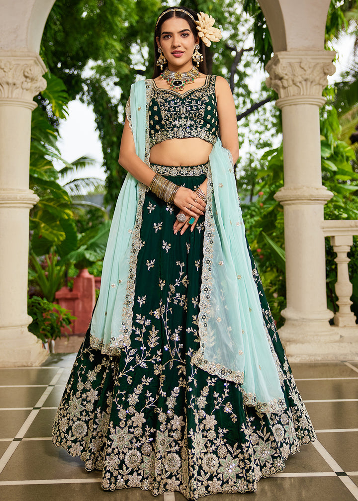 Buy Now Trendy Green Embroidered Organza Wedding Lehenga Choli Online in USA, UK, Canada, France, Italy, Germany, Austria, UAE & Worldwide at Empress Clothing.