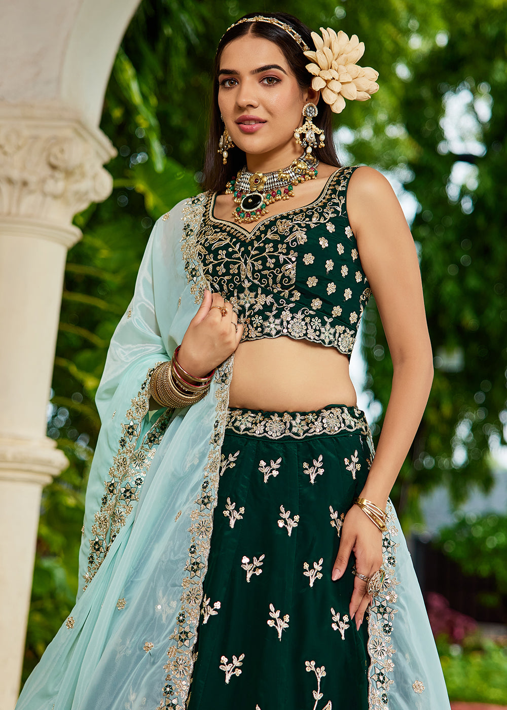 Buy Now Trendy Green Embroidered Organza Wedding Lehenga Choli Online in USA, UK, Canada, France, Italy, Germany, Austria, UAE & Worldwide at Empress Clothing.