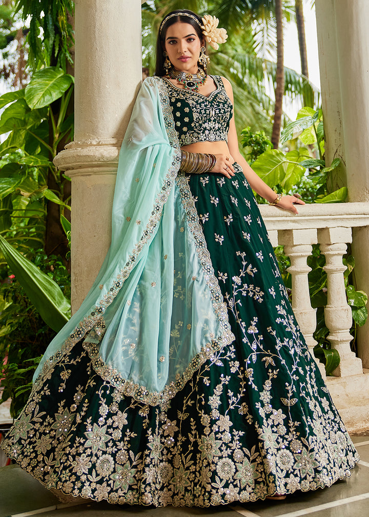 Buy Now Trendy Green Embroidered Organza Wedding Lehenga Choli Online in USA, UK, Canada, France, Italy, Germany, Austria, UAE & Worldwide at Empress Clothing.