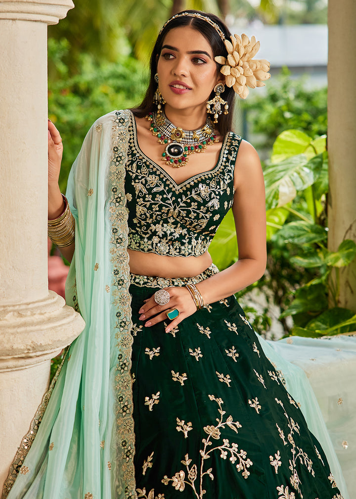 Buy Now Trendy Green Embroidered Organza Wedding Lehenga Choli Online in USA, UK, Canada, France, Italy, Germany, Austria, UAE & Worldwide at Empress Clothing.