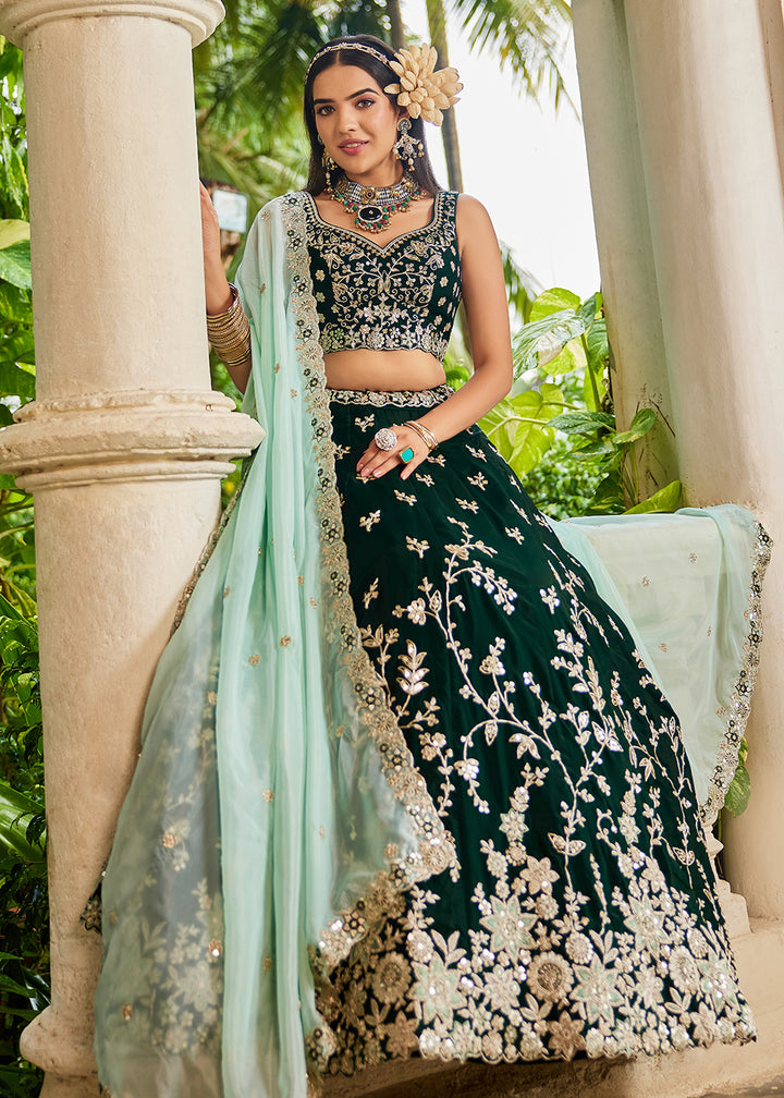 Buy Now Trendy Green Embroidered Organza Wedding Lehenga Choli Online in USA, UK, Canada, France, Italy, Germany, Austria, UAE & Worldwide at Empress Clothing.