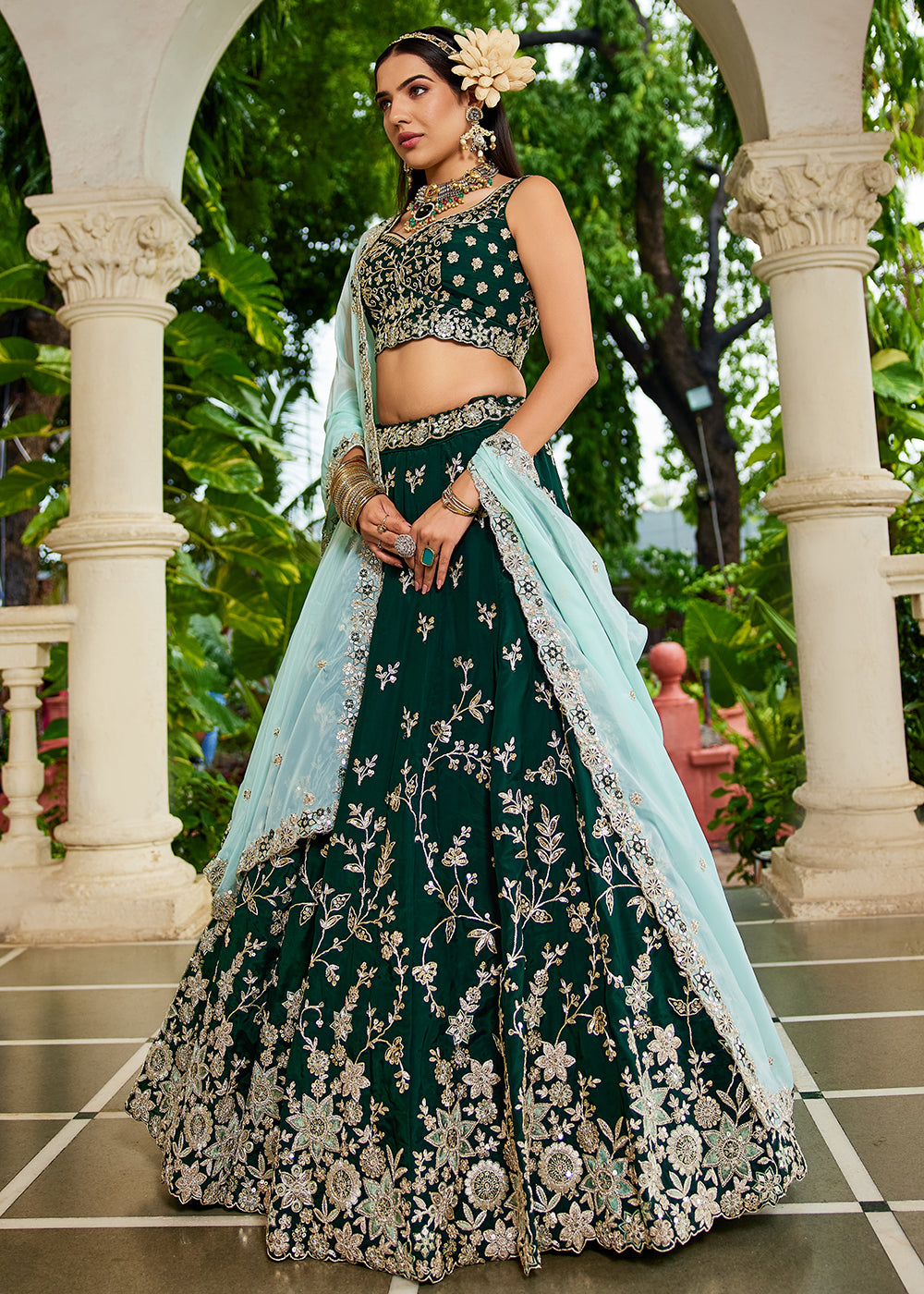 Buy Now Trendy Green Embroidered Organza Wedding Lehenga Choli Online in USA, UK, Canada, France, Italy, Germany, Austria, UAE & Worldwide at Empress Clothing.