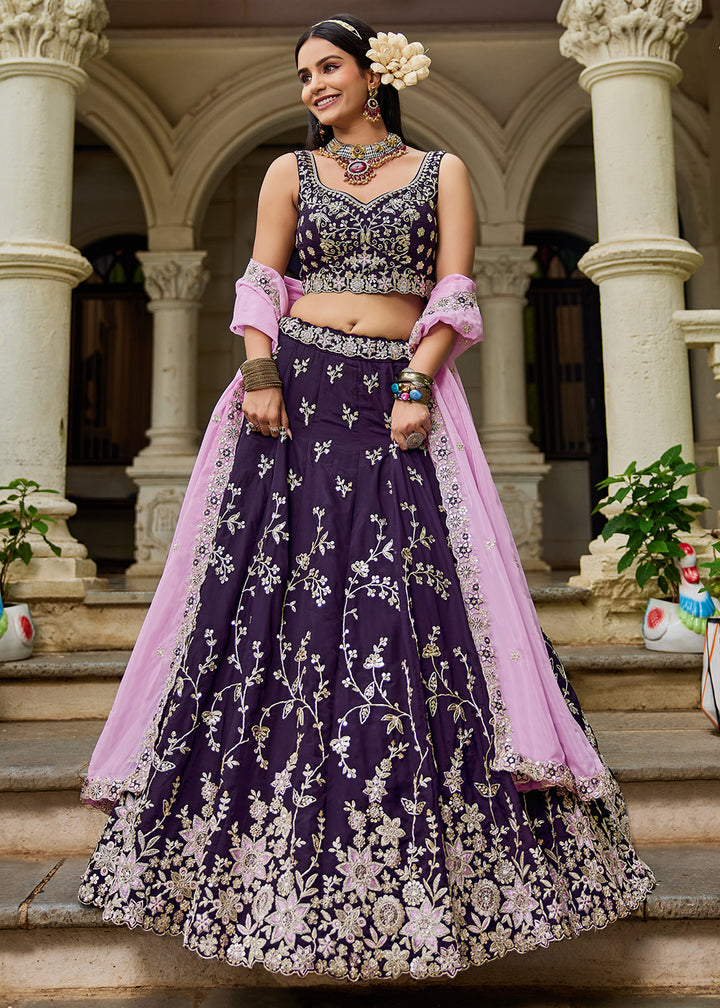 Buy Now Trendy Magenta Embroidered Organza Wedding Lehenga Choli Online in USA, UK, Canada, France, Italy, Germany, Austria, UAE & Worldwide at Empress Clothing.