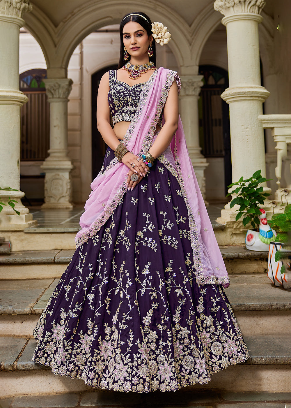 Buy Now Trendy Magenta Embroidered Organza Wedding Lehenga Choli Online in USA, UK, Canada, France, Italy, Germany, Austria, UAE & Worldwide at Empress Clothing.