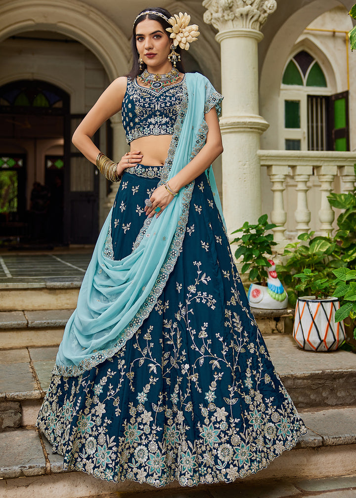 Buy Now Trendy Blue Embroidered Organza Wedding Lehenga Choli Online in USA, UK, Canada, France, Italy, Germany, Austria, UAE & Worldwide at Empress Clothing.