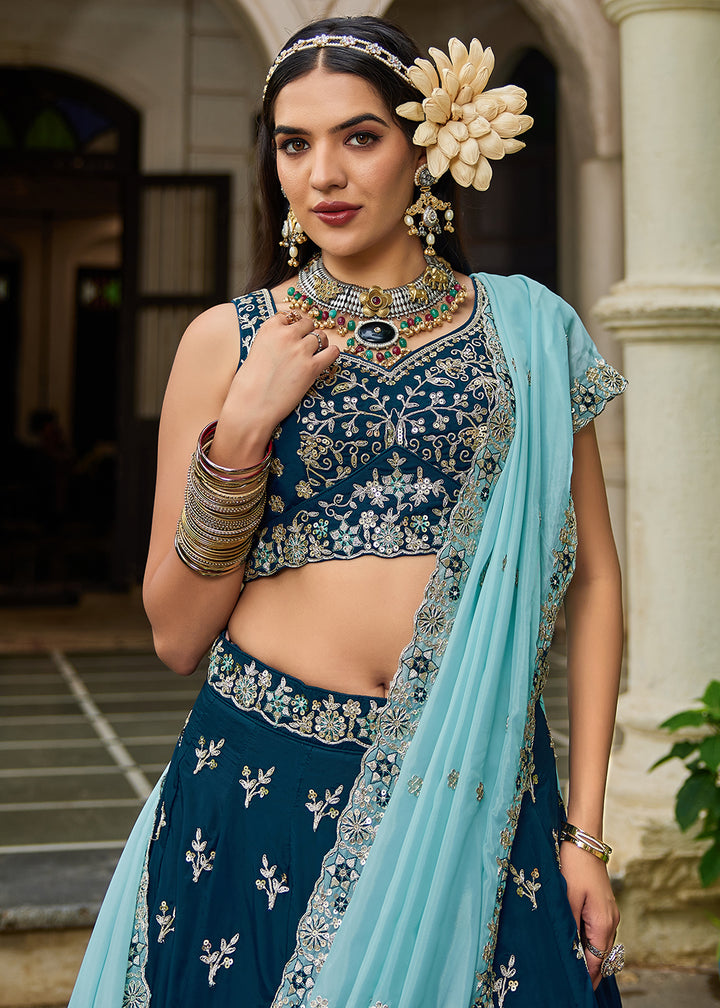 Buy Now Trendy Blue Embroidered Organza Wedding Lehenga Choli Online in USA, UK, Canada, France, Italy, Germany, Austria, UAE & Worldwide at Empress Clothing.