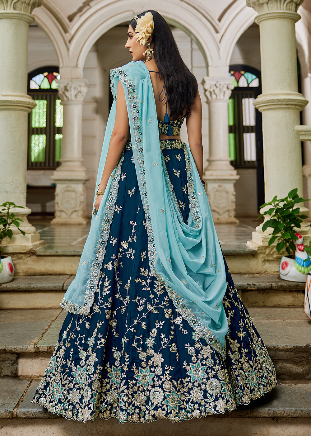 Buy Now Trendy Blue Embroidered Organza Wedding Lehenga Choli Online in USA, UK, Canada, France, Italy, Germany, Austria, UAE & Worldwide at Empress Clothing.