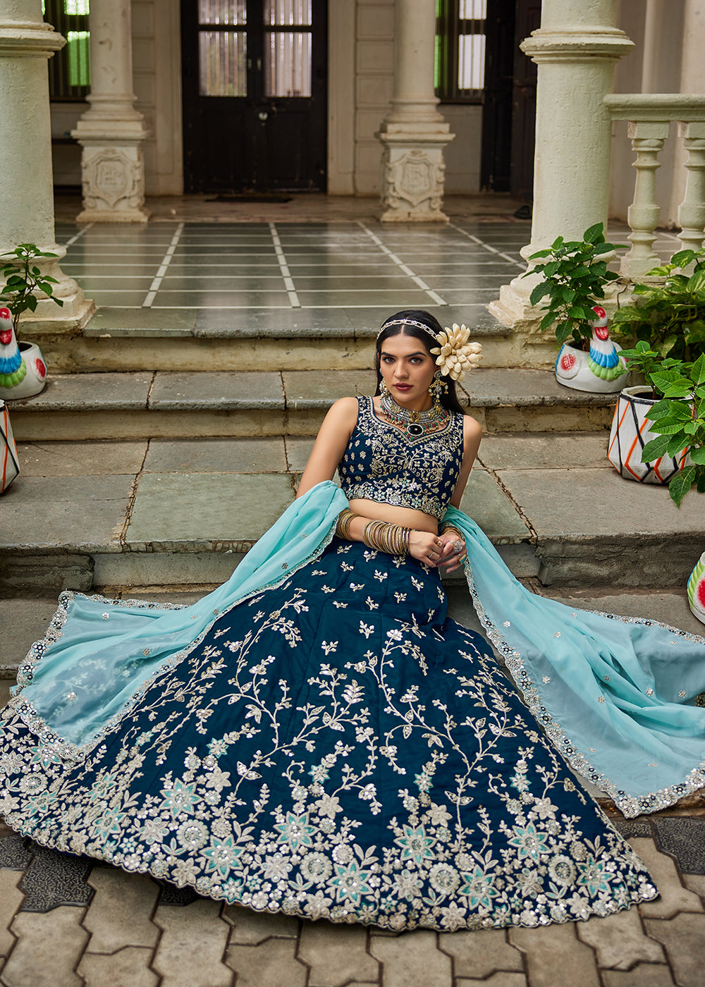 Buy Now Trendy Blue Embroidered Organza Wedding Lehenga Choli Online in USA, UK, Canada, France, Italy, Germany, Austria, UAE & Worldwide at Empress Clothing.