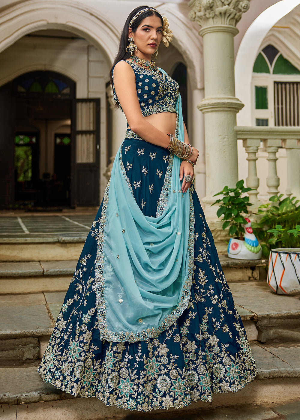 Buy Now Trendy Blue Embroidered Organza Wedding Lehenga Choli Online in USA, UK, Canada, France, Italy, Germany, Austria, UAE & Worldwide at Empress Clothing.