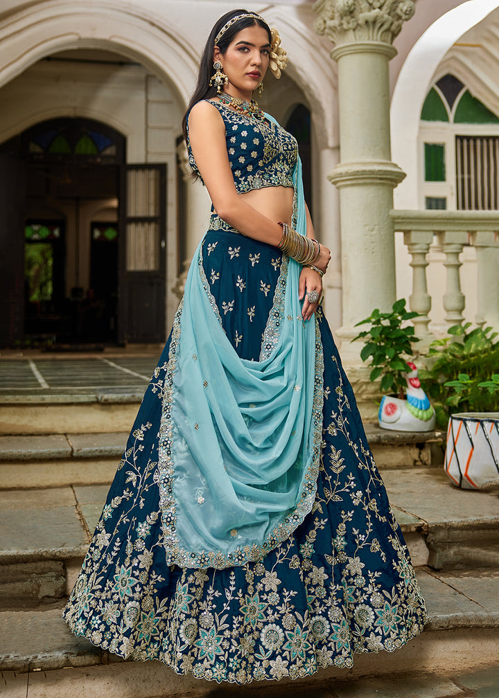 Buy Now Trendy Blue Embroidered Organza Wedding Lehenga Choli Online in USA, UK, Canada, France, Italy, Germany, Austria, UAE & Worldwide at Empress Clothing.