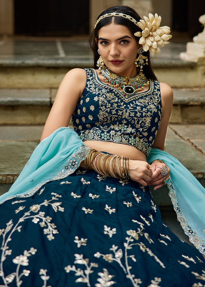 Buy Now Trendy Blue Embroidered Organza Wedding Lehenga Choli Online in USA, UK, Canada, France, Italy, Germany, Austria, UAE & Worldwide at Empress Clothing.