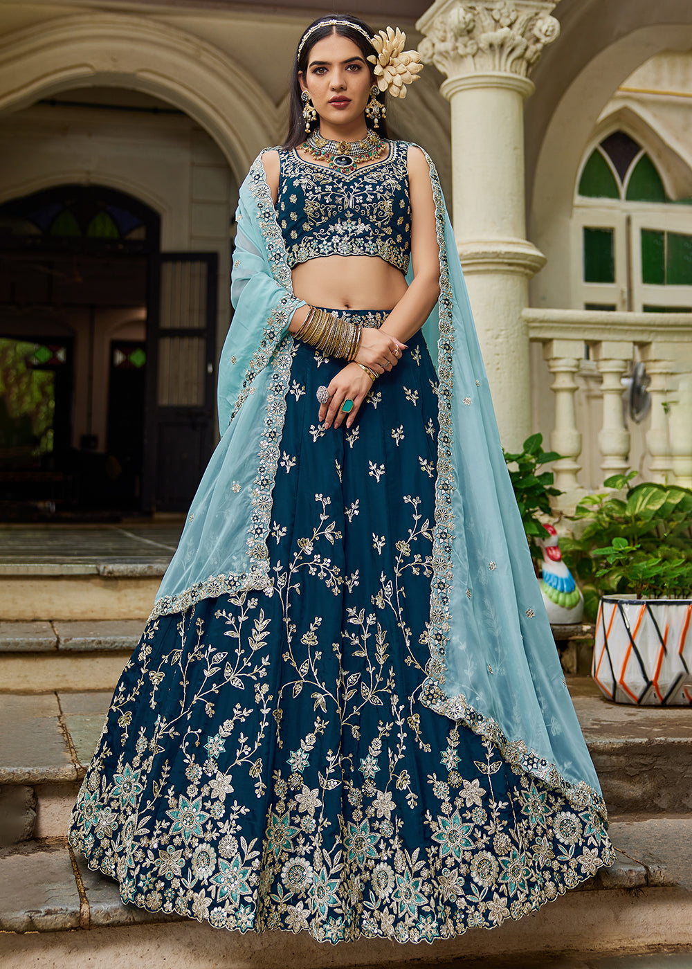 Buy Now Trendy Blue Embroidered Organza Wedding Lehenga Choli Online in USA, UK, Canada, France, Italy, Germany, Austria, UAE & Worldwide at Empress Clothing.