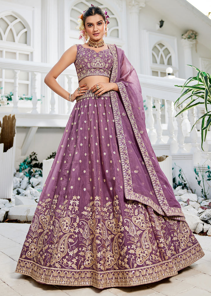 Buy Now Golden Tissue Lavender Sequins Reception Lehenga Choli Online in USA, UK, Canada, France, Italy, Germany, Austria, UAE & Worldwide at Empress Clothing.
