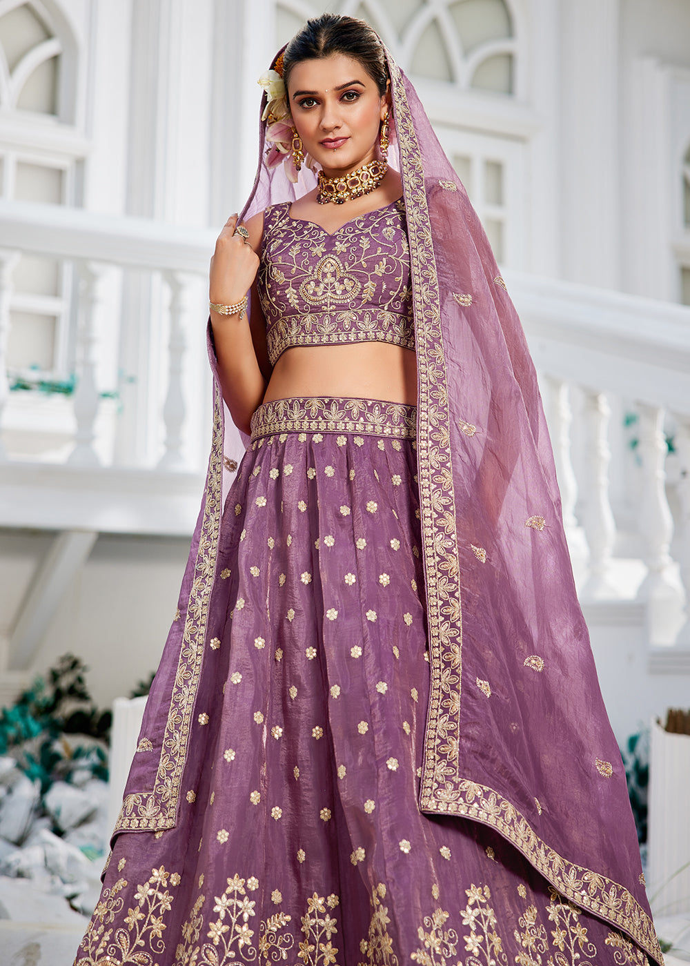 Buy Now Golden Tissue Lavender Sequins Reception Lehenga Choli Online in USA, UK, Canada, France, Italy, Germany, Austria, UAE & Worldwide at Empress Clothing.
