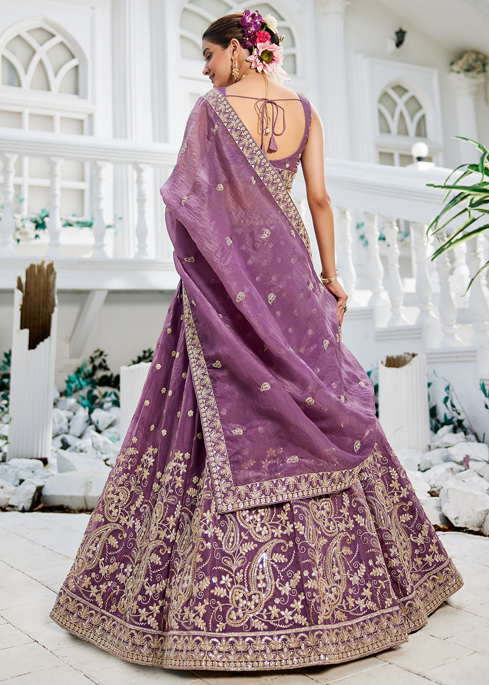 Buy Now Golden Tissue Lavender Sequins Reception Lehenga Choli Online in USA, UK, Canada, France, Italy, Germany, Austria, UAE & Worldwide at Empress Clothing.