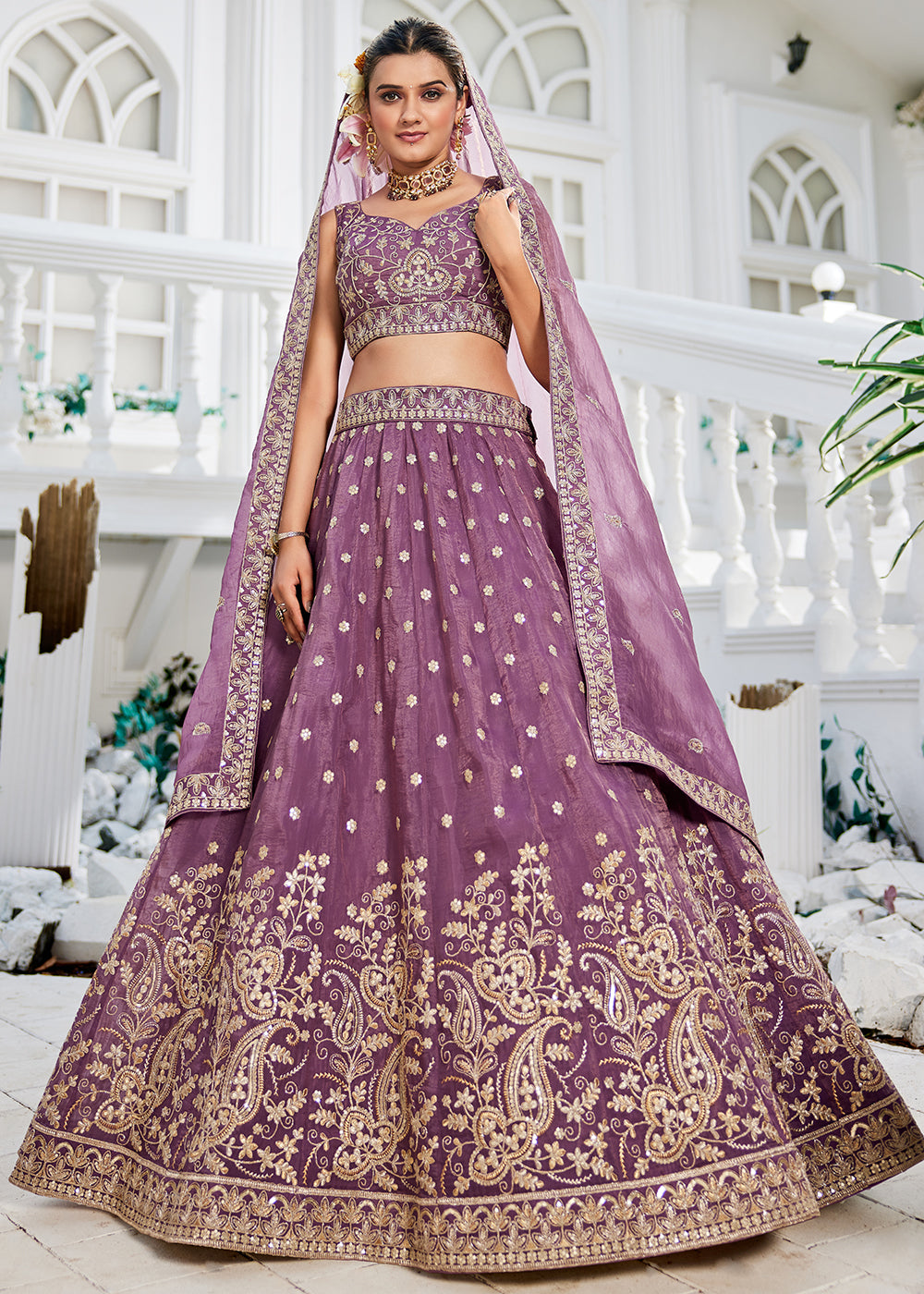Buy Now Golden Tissue Lavender Sequins Reception Lehenga Choli Online in USA, UK, Canada, France, Italy, Germany, Austria, UAE & Worldwide at Empress Clothing.