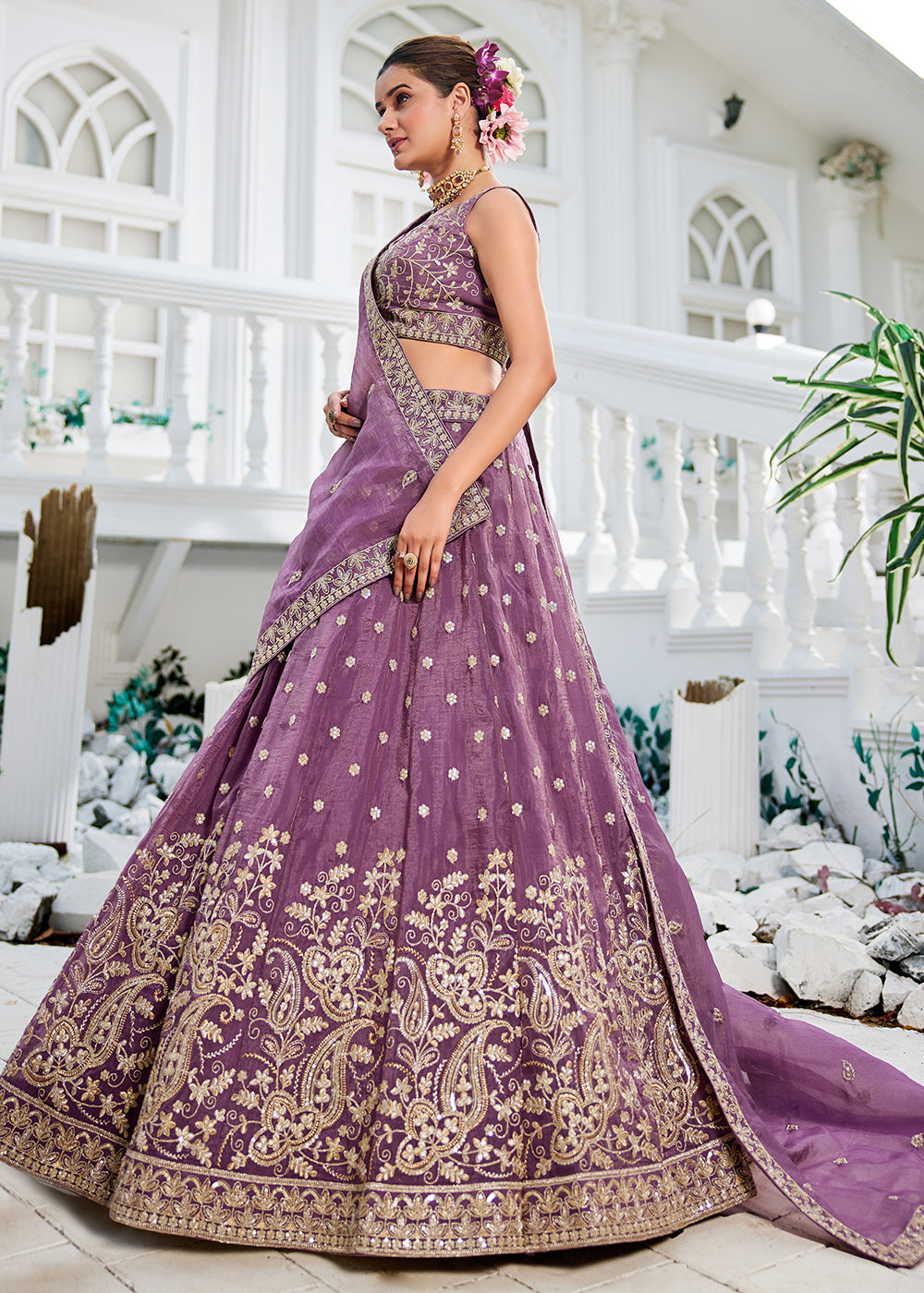 Buy Now Golden Tissue Lavender Sequins Reception Lehenga Choli Online in USA, UK, Canada, France, Italy, Germany, Austria, UAE & Worldwide at Empress Clothing.