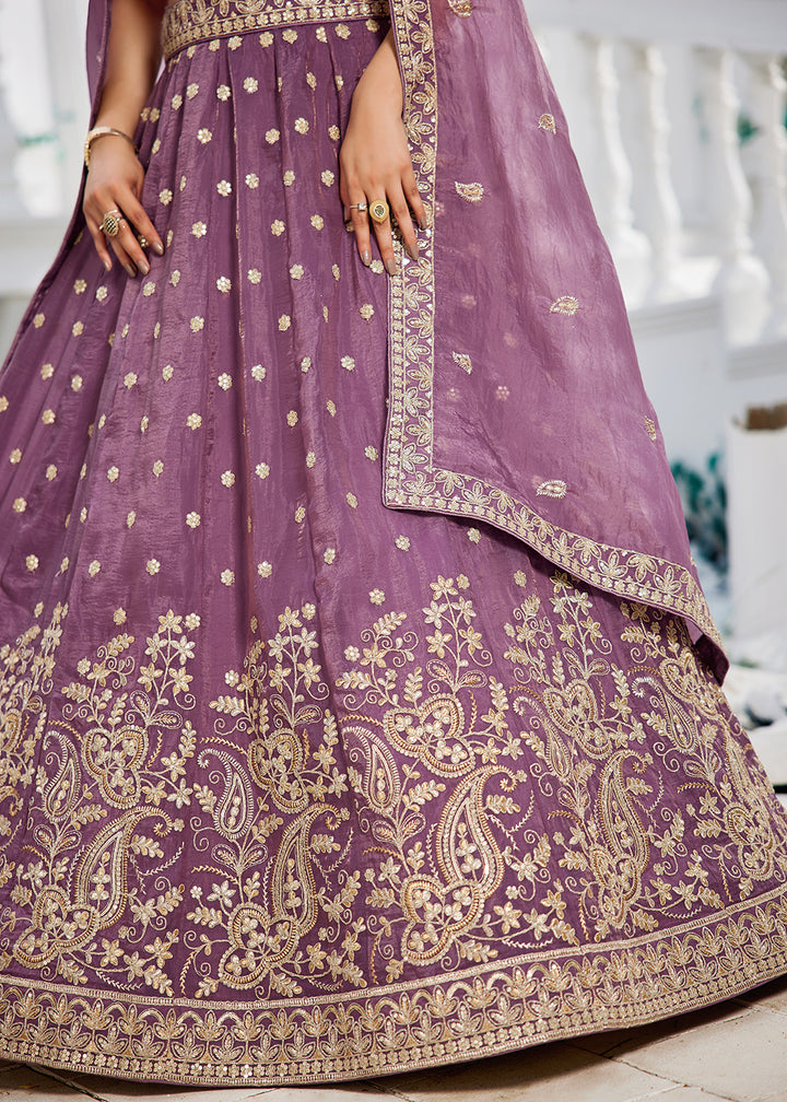 Buy Now Golden Tissue Lavender Sequins Reception Lehenga Choli Online in USA, UK, Canada, France, Italy, Germany, Austria, UAE & Worldwide at Empress Clothing.