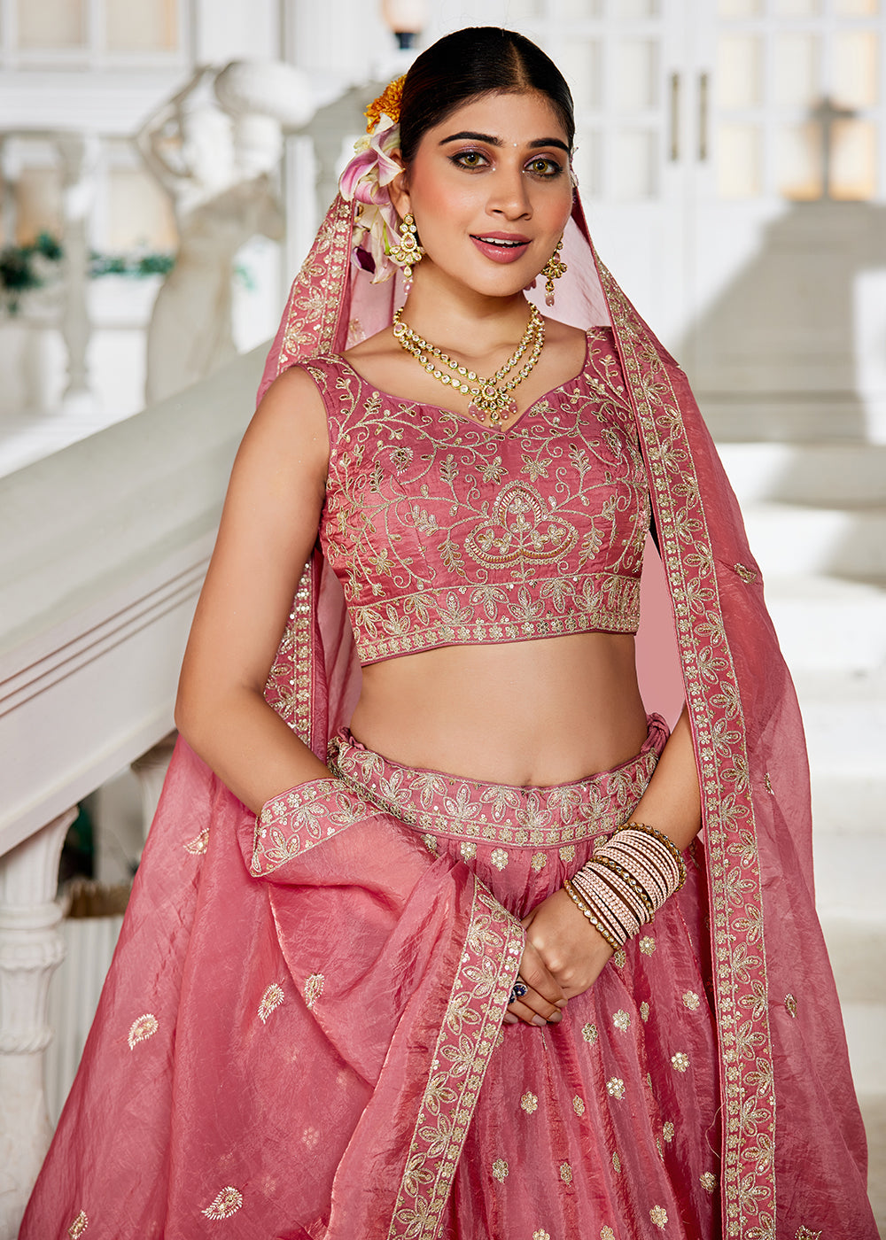 Buy Now Golden Tissue Pink Sequins Reception Lehenga Choli Online in USA, UK, Canada, France, Italy, Germany, Austria, UAE & Worldwide at Empress Clothing.