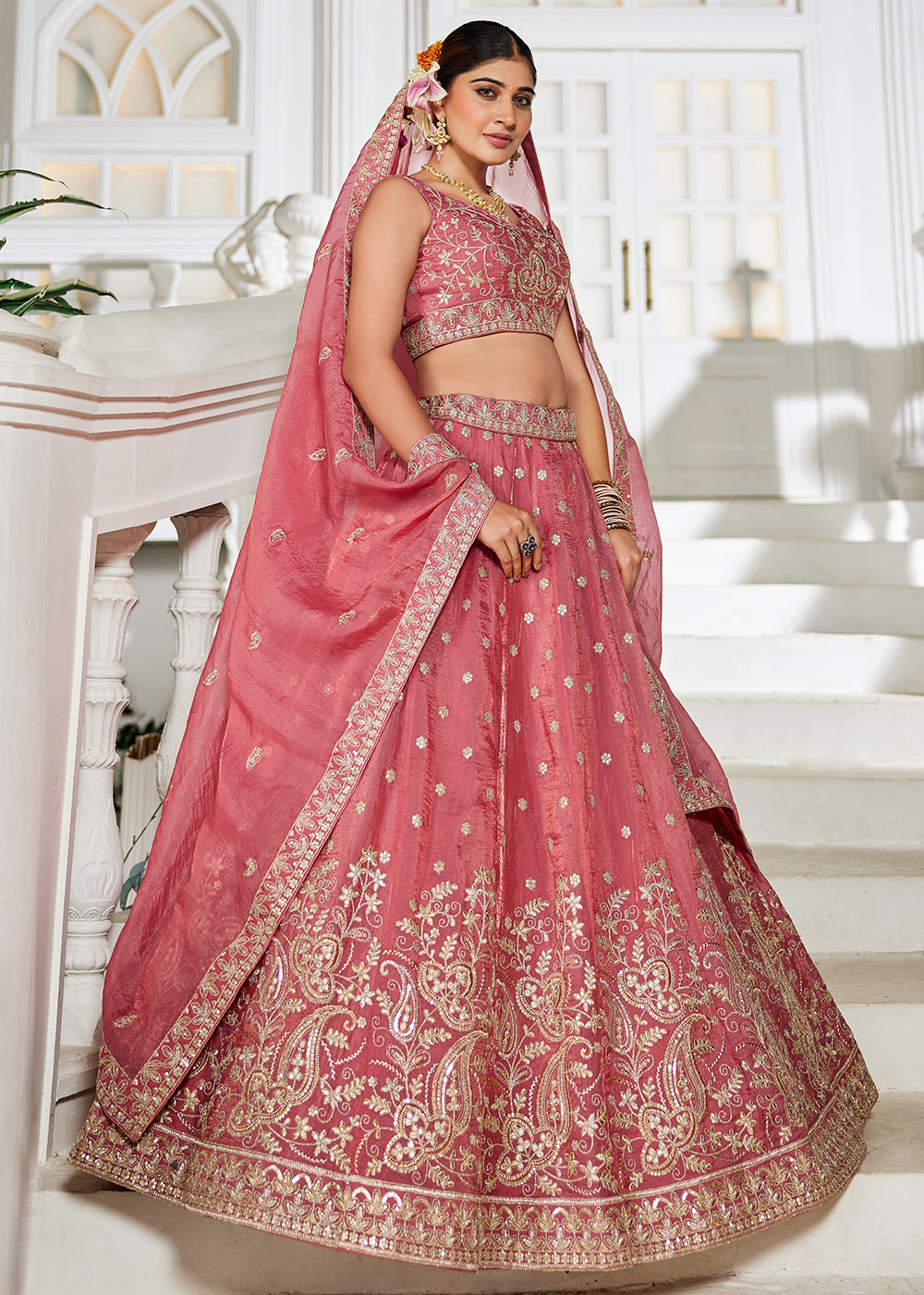 Buy Now Golden Tissue Pink Sequins Reception Lehenga Choli Online in USA, UK, Canada, France, Italy, Germany, Austria, UAE & Worldwide at Empress Clothing.