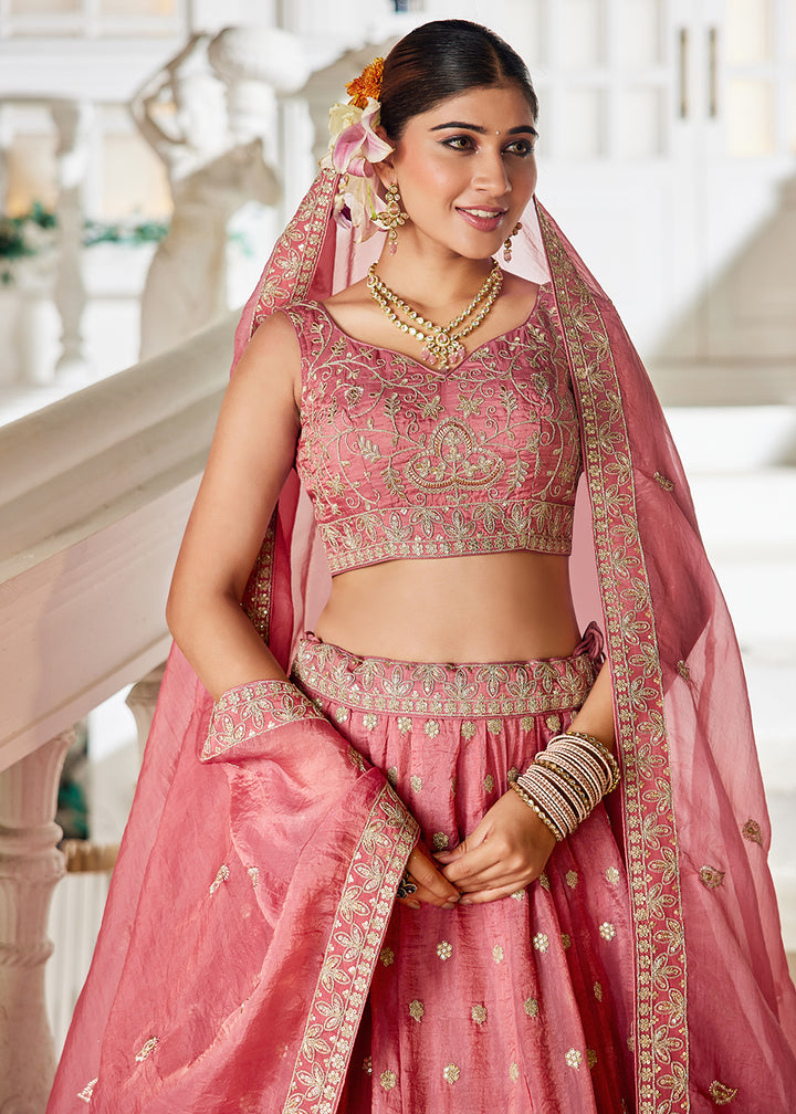 Buy Now Golden Tissue Pink Sequins Reception Lehenga Choli Online in USA, UK, Canada, France, Italy, Germany, Austria, UAE & Worldwide at Empress Clothing.