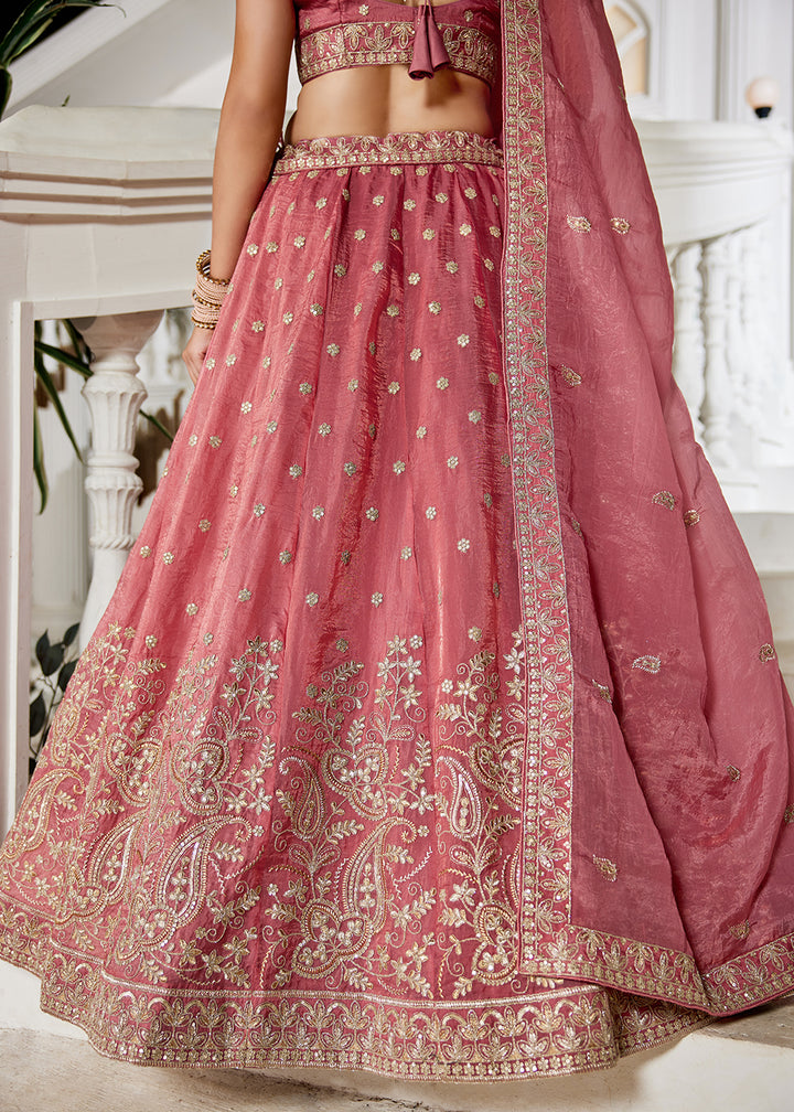 Buy Now Golden Tissue Pink Sequins Reception Lehenga Choli Online in USA, UK, Canada, France, Italy, Germany, Austria, UAE & Worldwide at Empress Clothing.