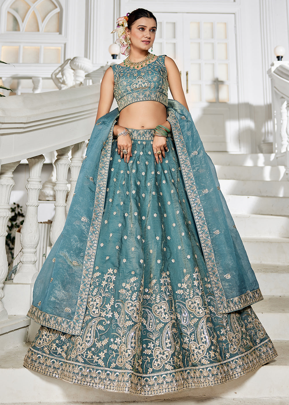 Buy Now Golden Tissue Green Sequins Reception Lehenga Choli Online in USA, UK, Canada, France, Italy, Germany, Austria, UAE & Worldwide at Empress Clothing.