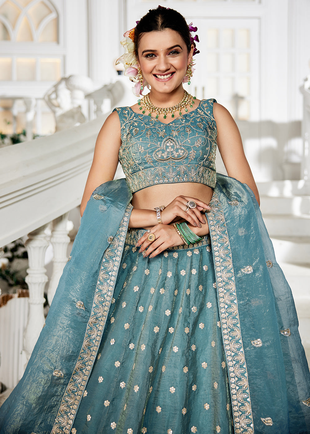 Buy Now Golden Tissue Green Sequins Reception Lehenga Choli Online in USA, UK, Canada, France, Italy, Germany, Austria, UAE & Worldwide at Empress Clothing.