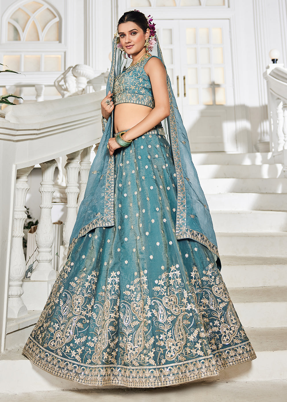 Buy Now Golden Tissue Green Sequins Reception Lehenga Choli Online in USA, UK, Canada, France, Italy, Germany, Austria, UAE & Worldwide at Empress Clothing.