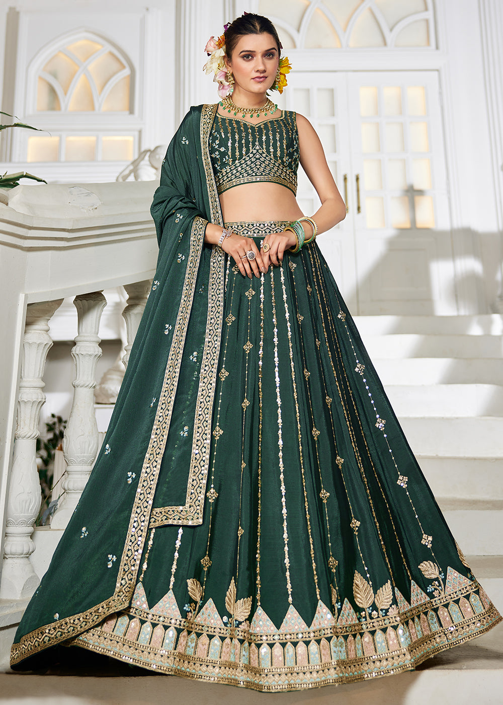 Buy Now Green Georgette Sequins Festive Party Lehenga Choli Online in USA, UK, Canada, France, Italy, Germany, Austria, UAE & Worldwide at Empress Clothing.