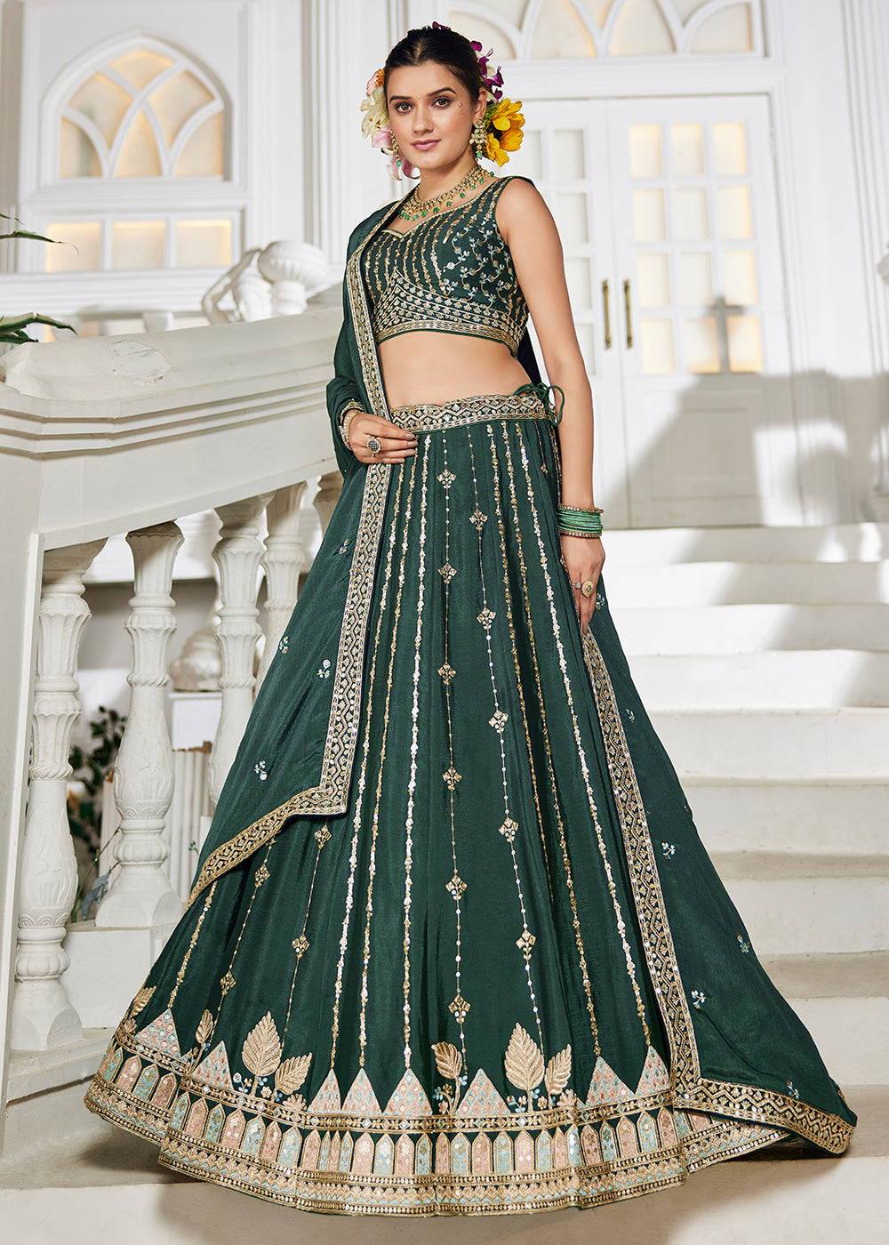 Buy Now Green Georgette Sequins Festive Party Lehenga Choli Online in USA, UK, Canada, France, Italy, Germany, Austria, UAE & Worldwide at Empress Clothing.