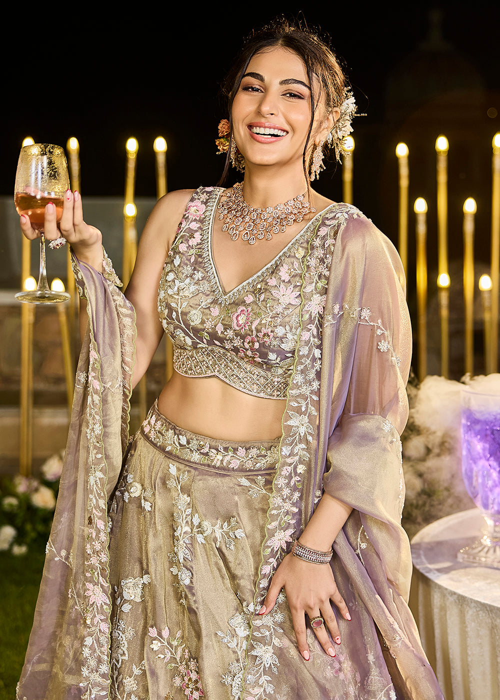 Buy Now Tissue Embroidered Lavender Wedding Party Lehenga Choli Online in US, UK, Canada, France, Italy, Germany, Sweden, Greece, UAE & Worldwide at Empress.