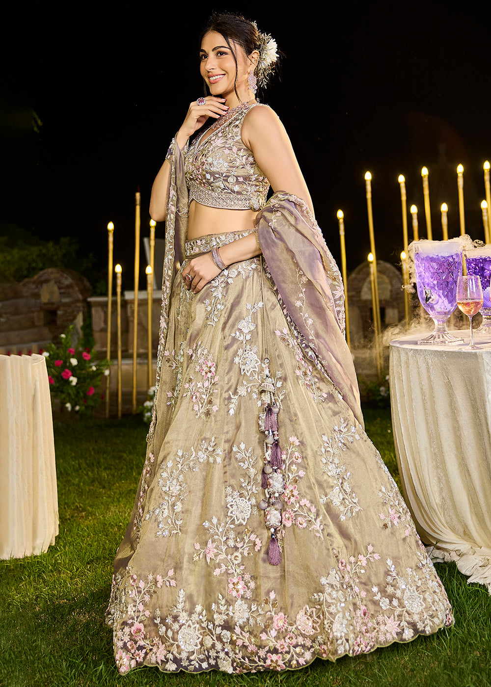 Buy Now Tissue Embroidered Lavender Wedding Party Lehenga Choli Online in US, UK, Canada, France, Italy, Germany, Sweden, Greece, UAE & Worldwide at Empress.