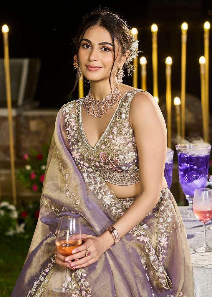 Buy Now Tissue Embroidered Lavender Wedding Party Lehenga Choli Online in US, UK, Canada, France, Italy, Germany, Sweden, Greece, UAE & Worldwide at Empress.