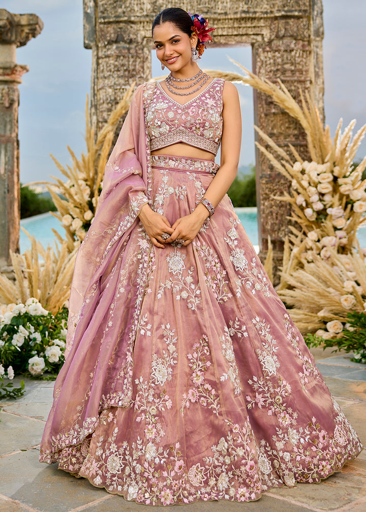 Buy Now Tissue Embroidered Pink Wedding Party Lehenga Choli Online in US, UK, Canada, France, Italy, Germany, Sweden, Greece, UAE & Worldwide at Empress.