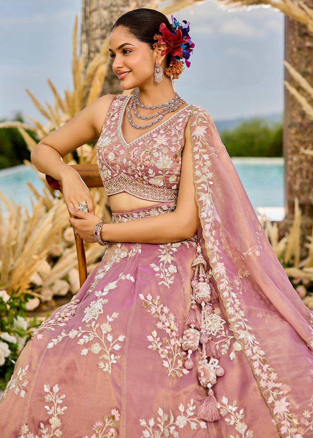 Buy Now Tissue Embroidered Pink Wedding Party Lehenga Choli Online in US, UK, Canada, France, Italy, Germany, Sweden, Greece, UAE & Worldwide at Empress.